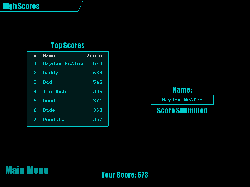 Screenshot of Meteor Shower online high score board