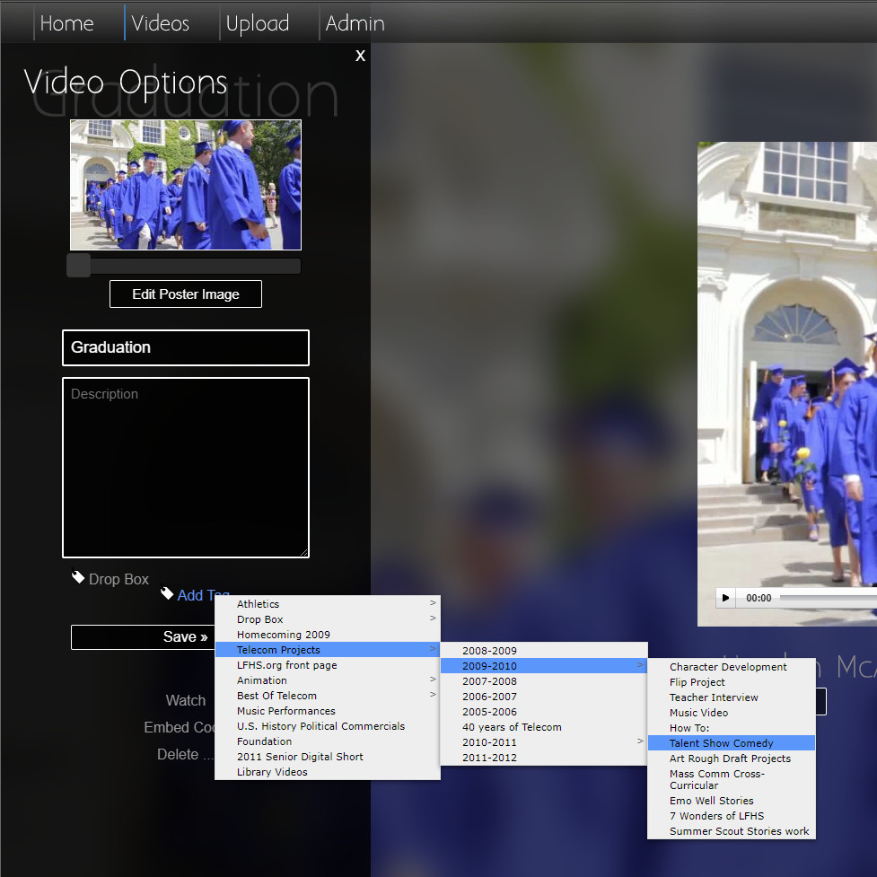 UI used to edit video metadata, including the assigned tags