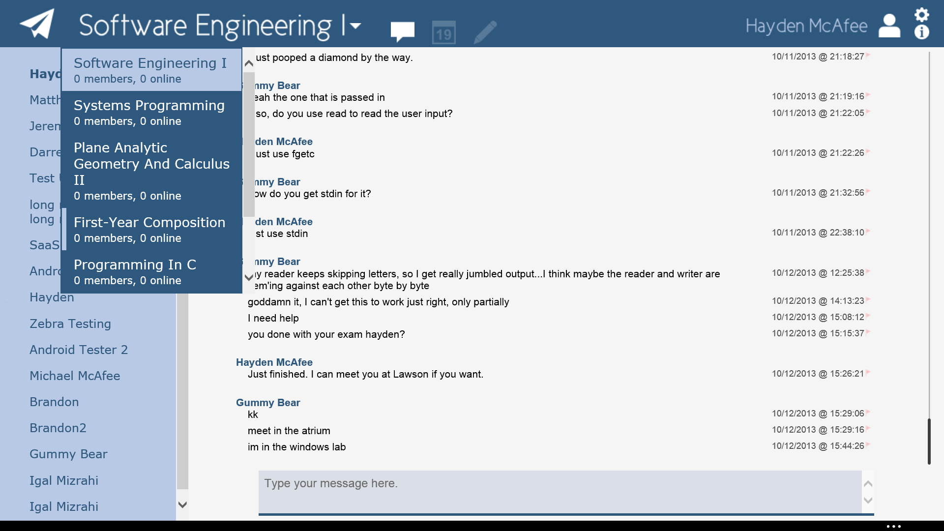 Screenshot of the Livecourse web app, showing off chat