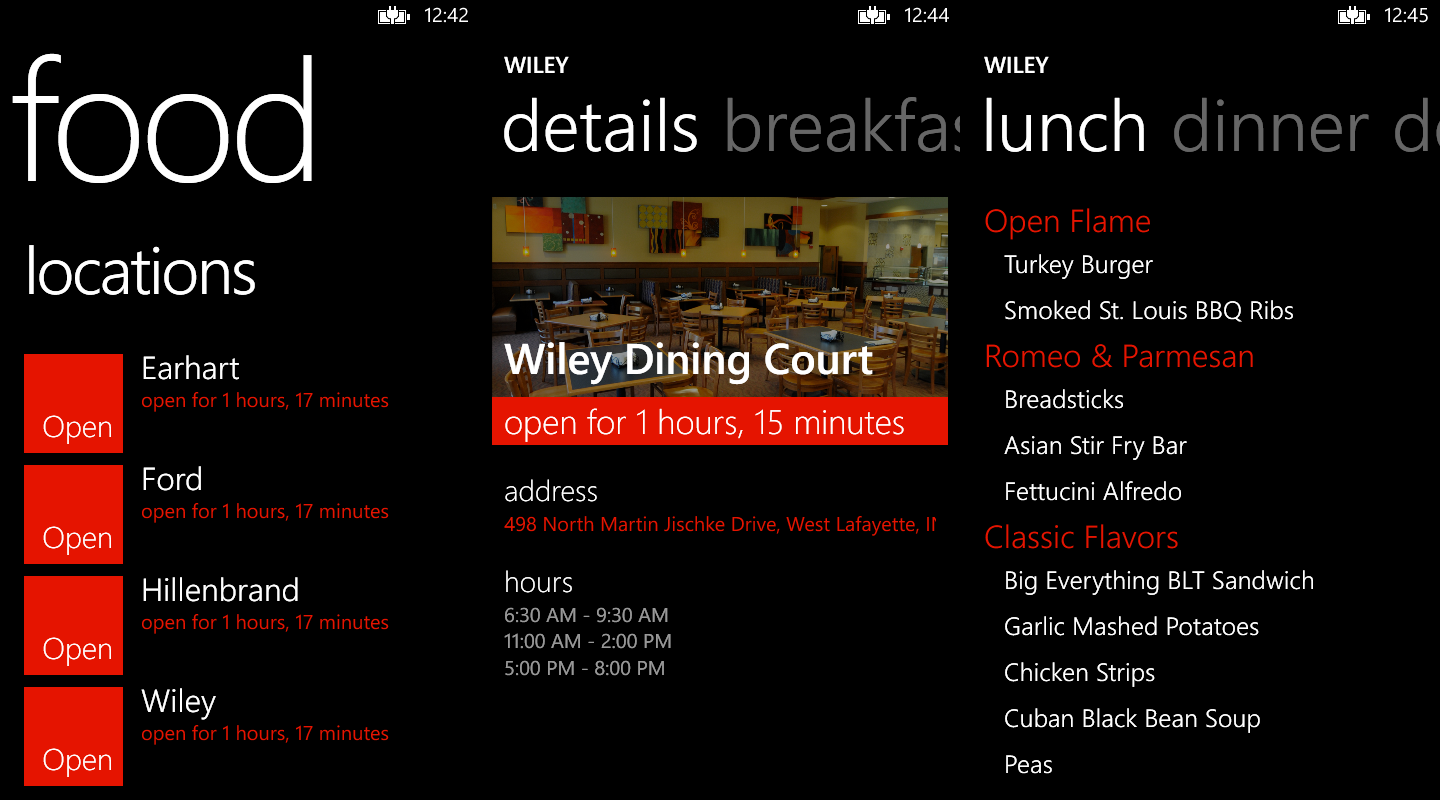 Screenshot of the dining app showing a list of dining courts, their hours, and the available food options