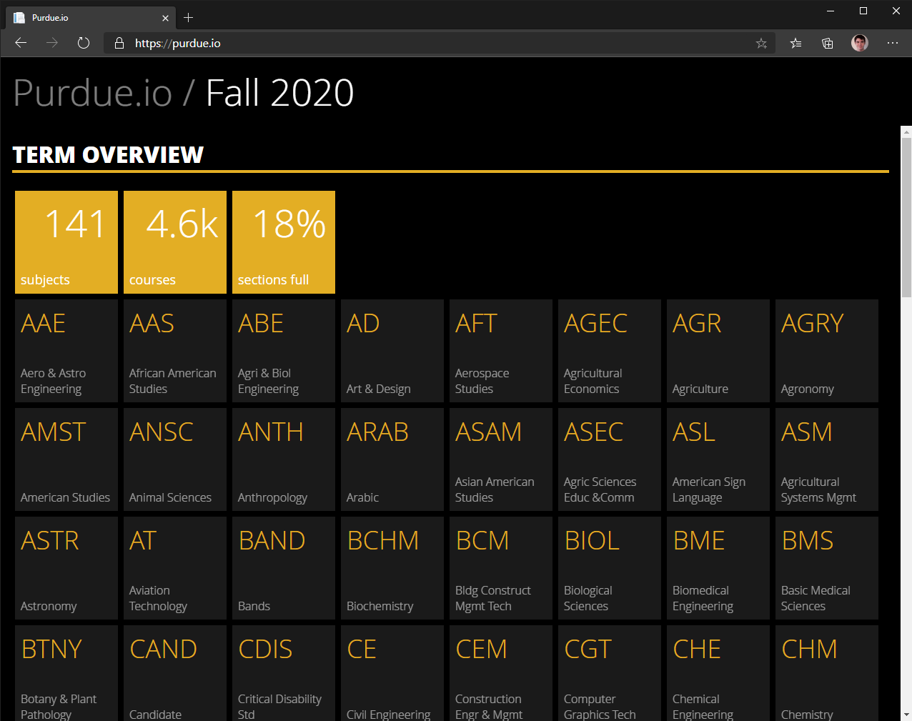 Fancy looking Purdue.io subject listing page