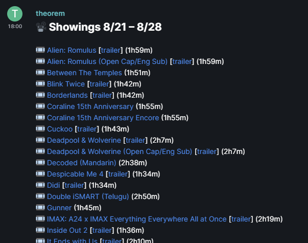 Screenshot of Theorem listing upcoming theater showings