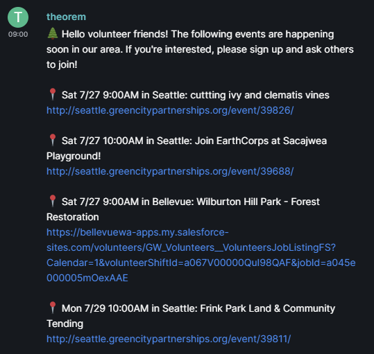 Screenshot of Theorem listing volunteering events