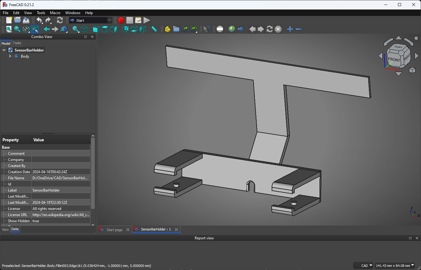 FreeCAD model of the Sensor Bar Holder