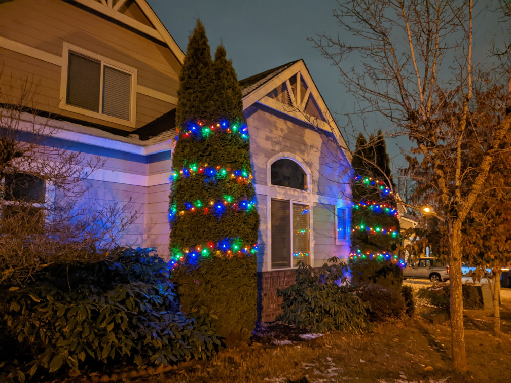 A tiny amount of ugly Christmas lights hanging around two huge buses