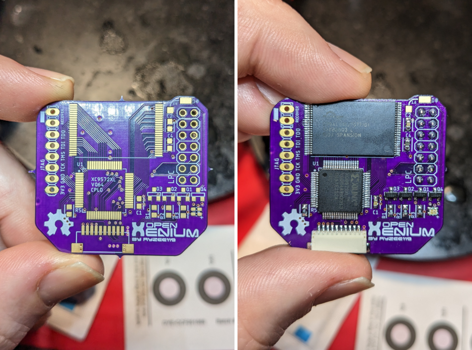 Before and after showing a blank PCB on the left and a populated PCB on the right