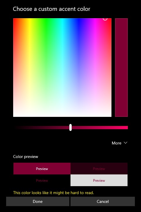 A warning explaining an accent color that is hard to read text on