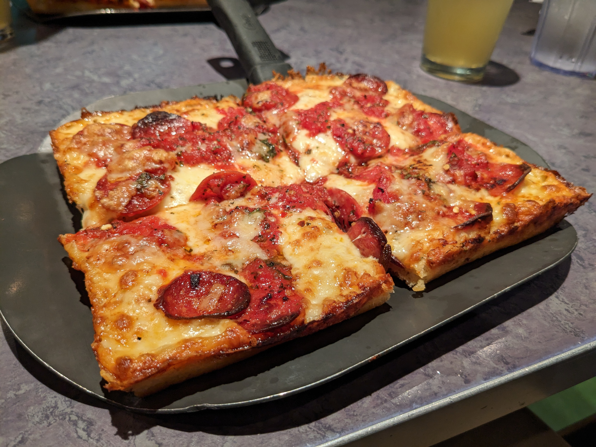A close-up of Buddy's Detroit-style pizza
