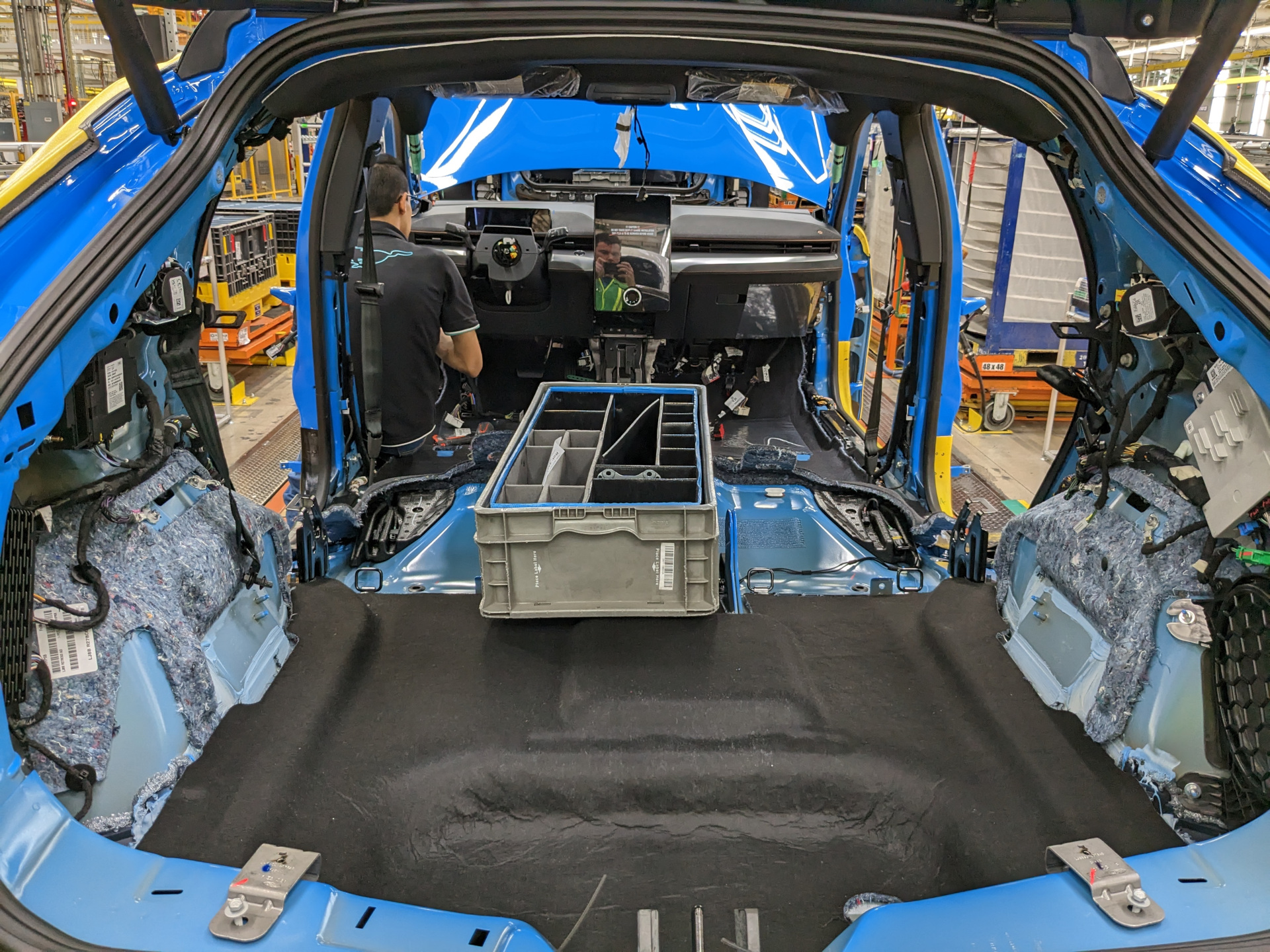 Inside of a partially assembled Mustang Mach-E