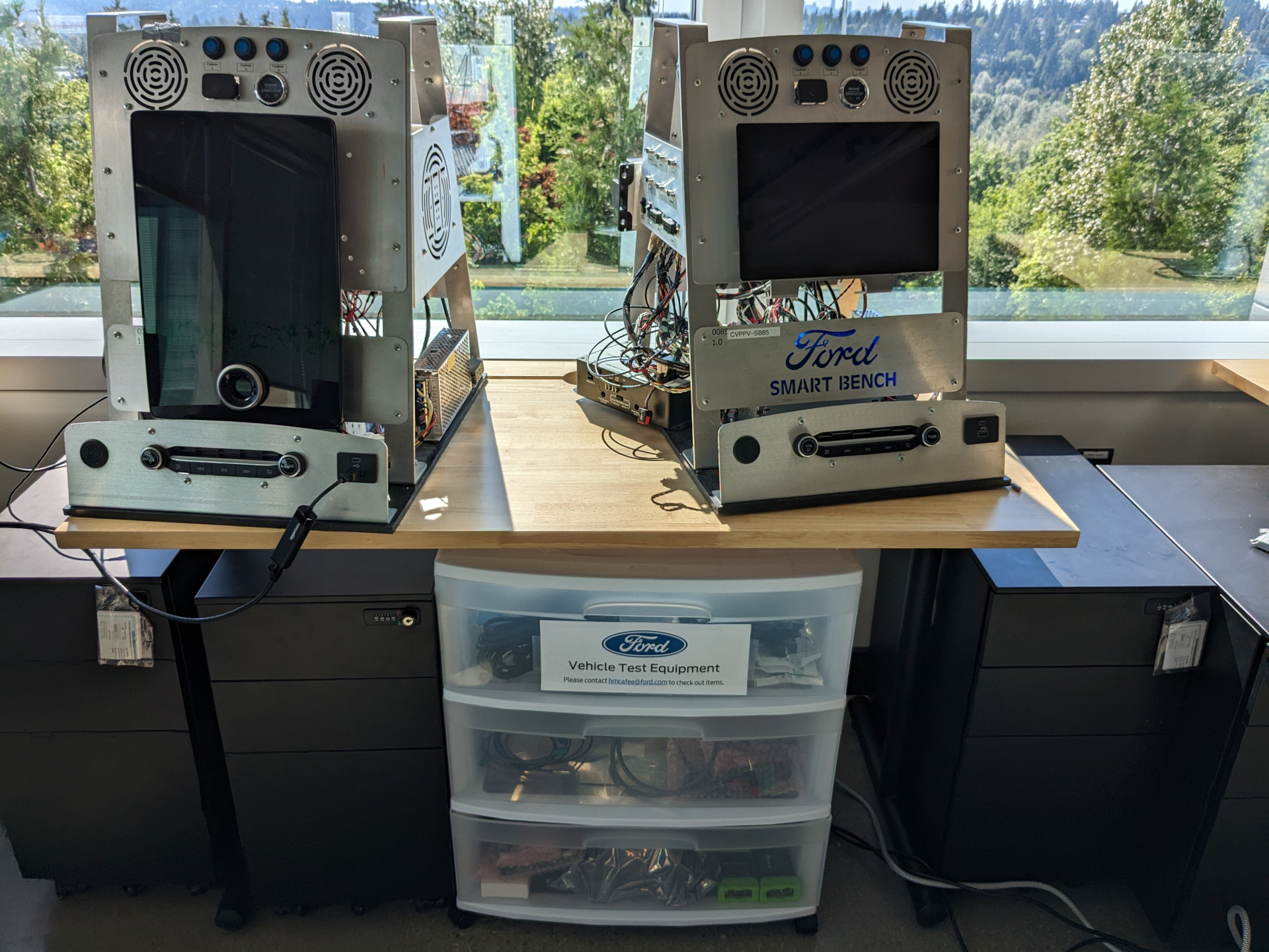 Ford test benches and vehicle testing hardware in the Seattle office